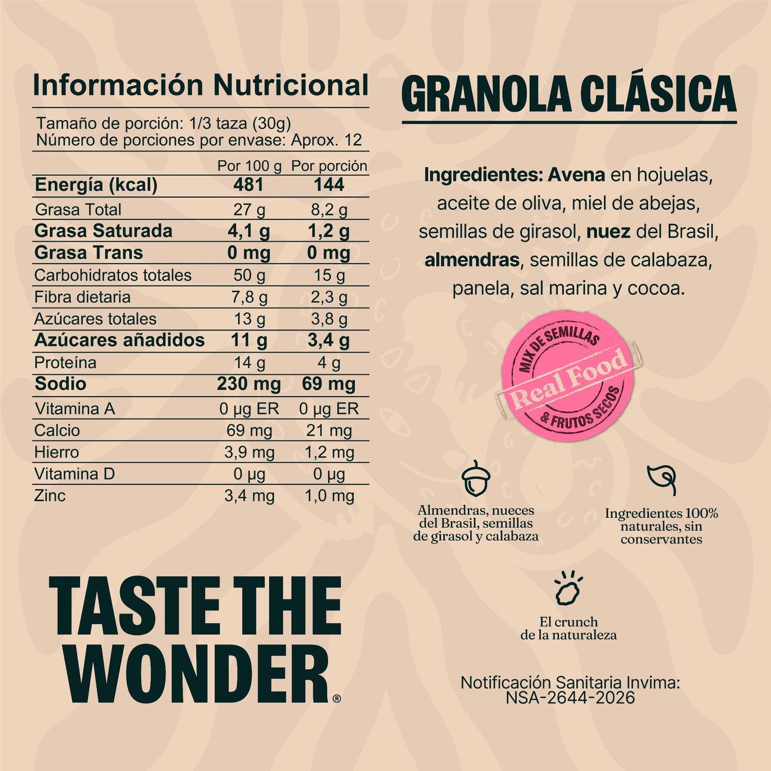 NUGK Granola Clásica, con almendras, sal marina y semillas de calabaza, bolsa de 350 g.