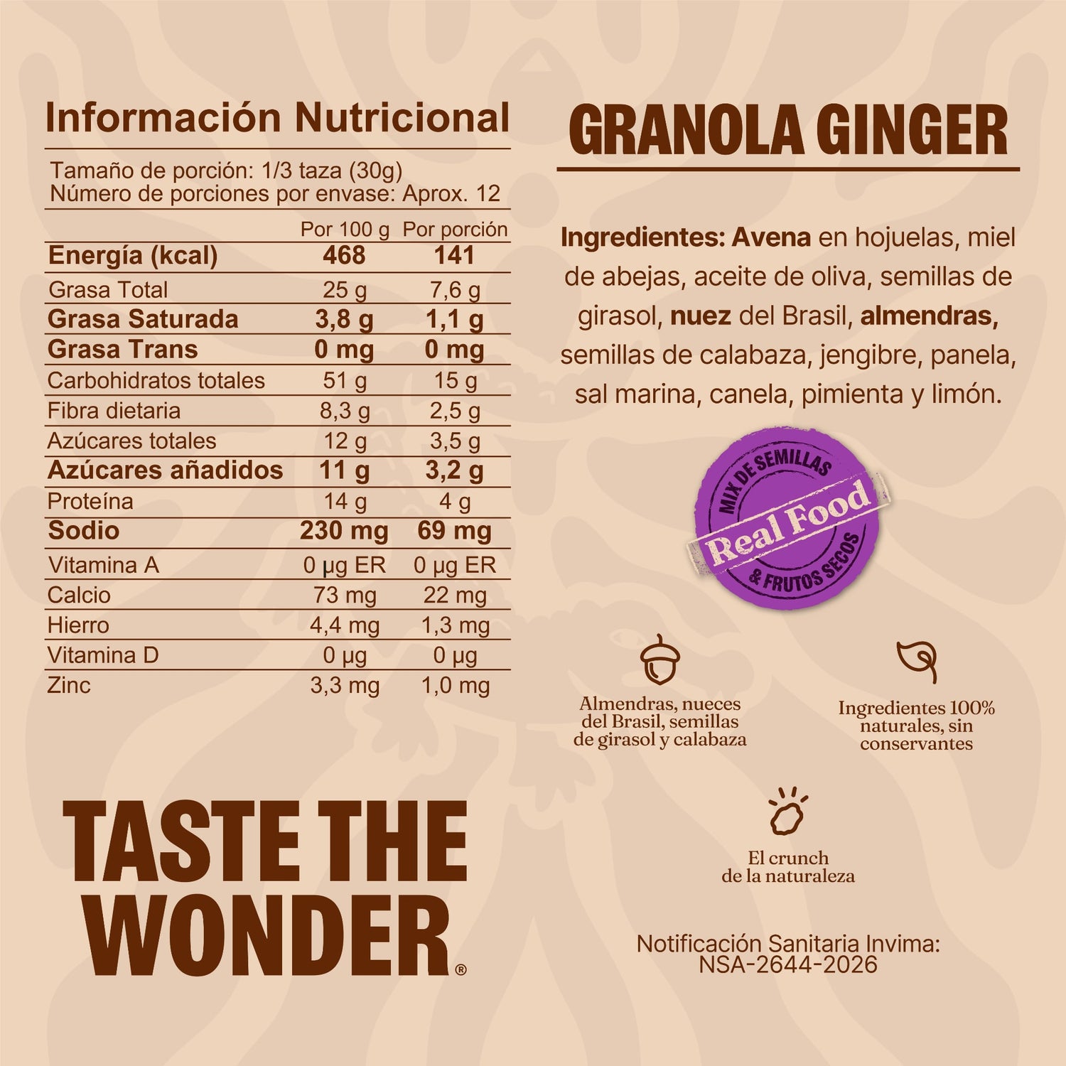 NUGK Granola Ginger,  con jengibre, limón y pimienta, bolsa de 350 g.